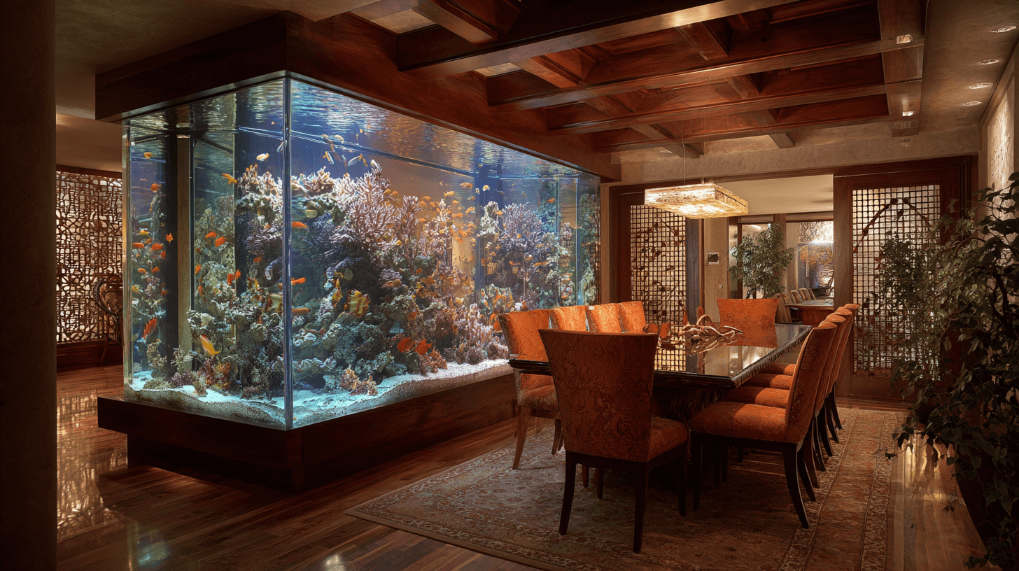 Luxurious dining room with aquarium divider