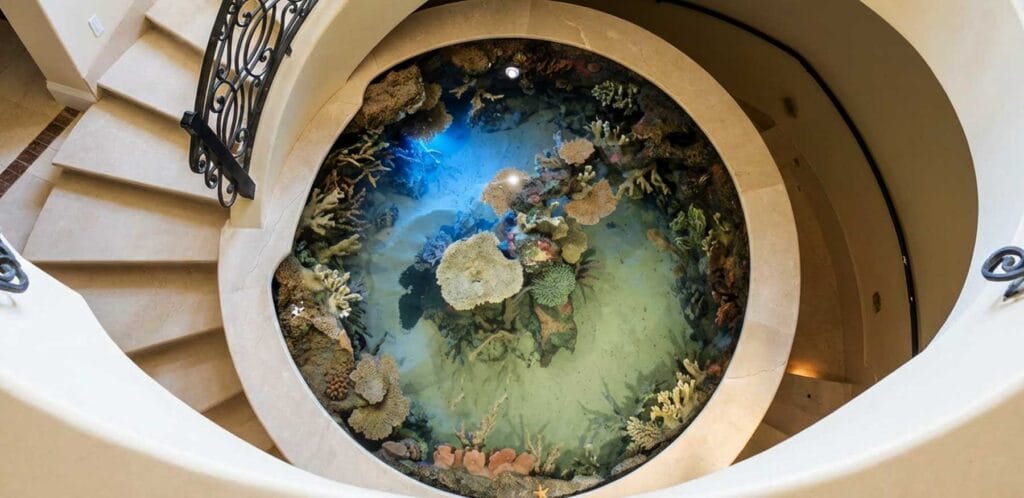 circular-aquarium-spiral-staircase-westlake-2000-gallon-aerial-view